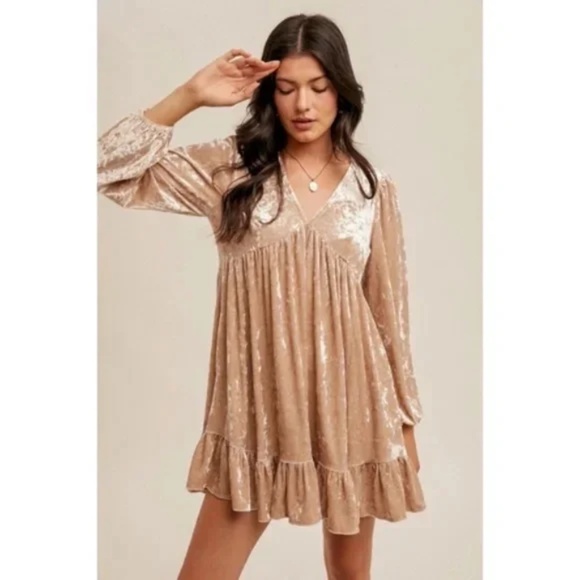 Champagne Crushed Velvet V-Neck Babydoll Bubble Sleeve Holiday Cocktail - Picture 1 of 4